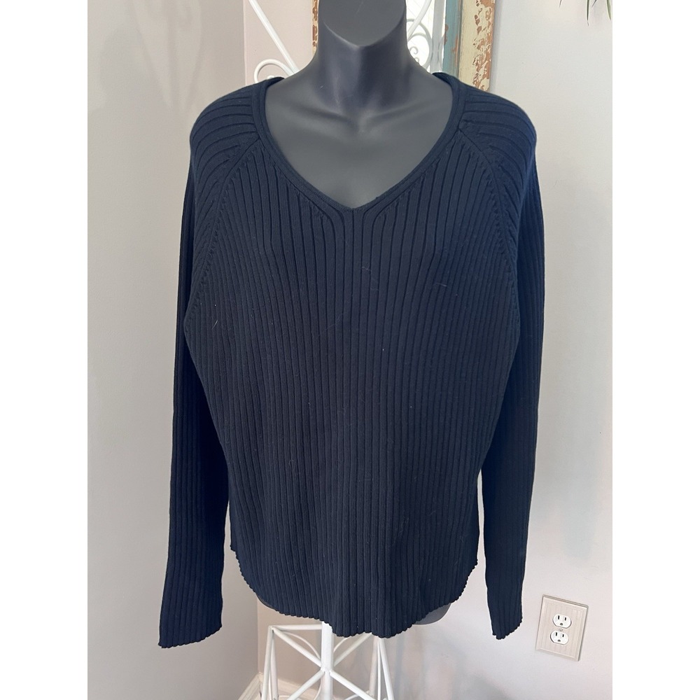 Vintage Eddie Bauer Australia Womens Ribbed Sweater Vneck Cotton Black Preppy